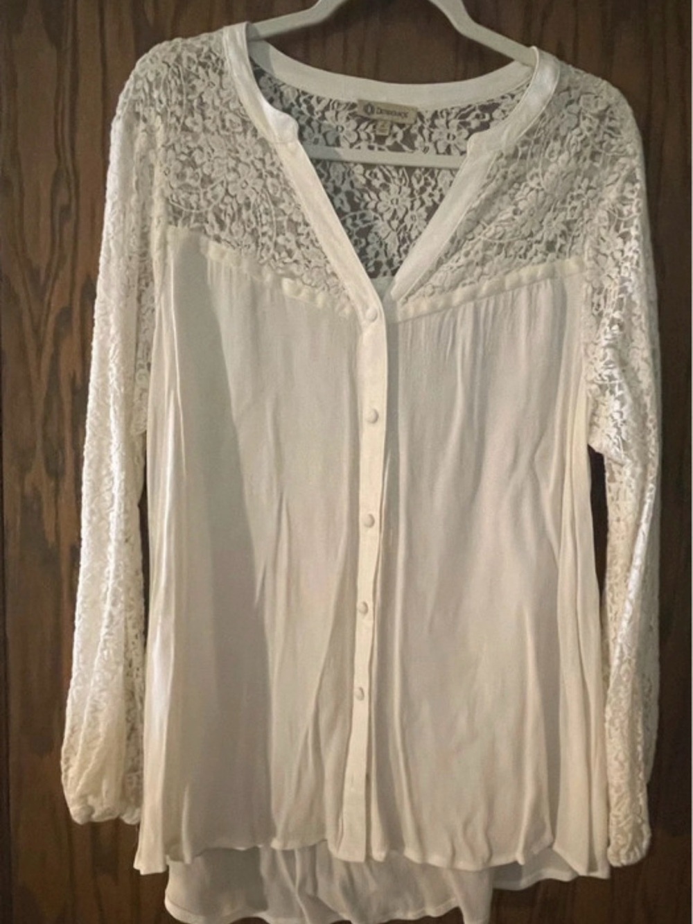 Democracy White Lace Yoke Button-Down Blouse